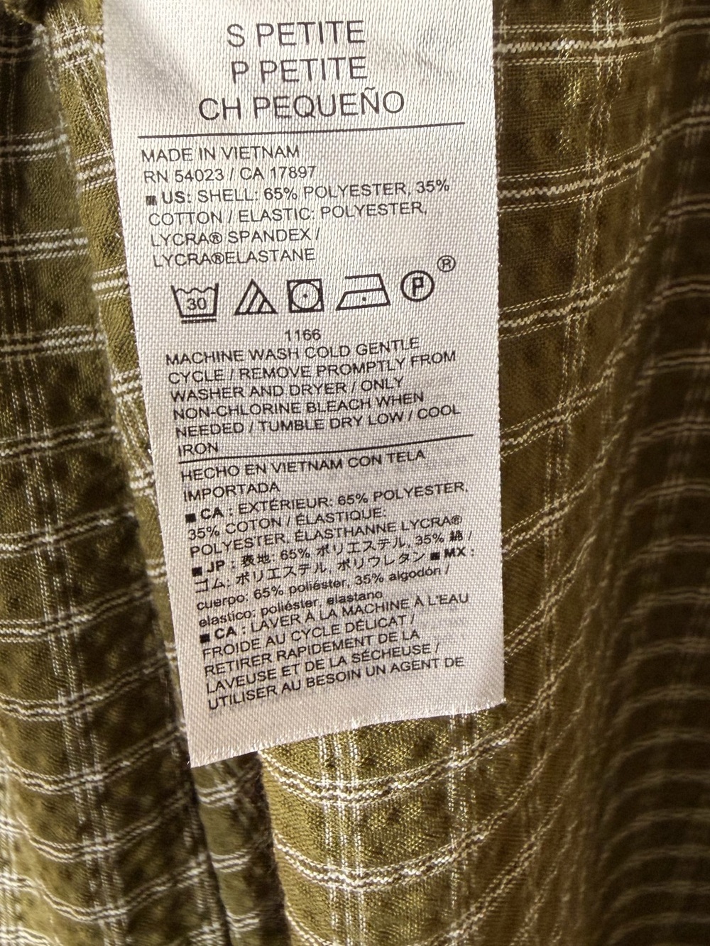 Banana Republic Smocked Seersucker Midi Dress Olive Plaid Petite S EUC - Picture 9 of 9